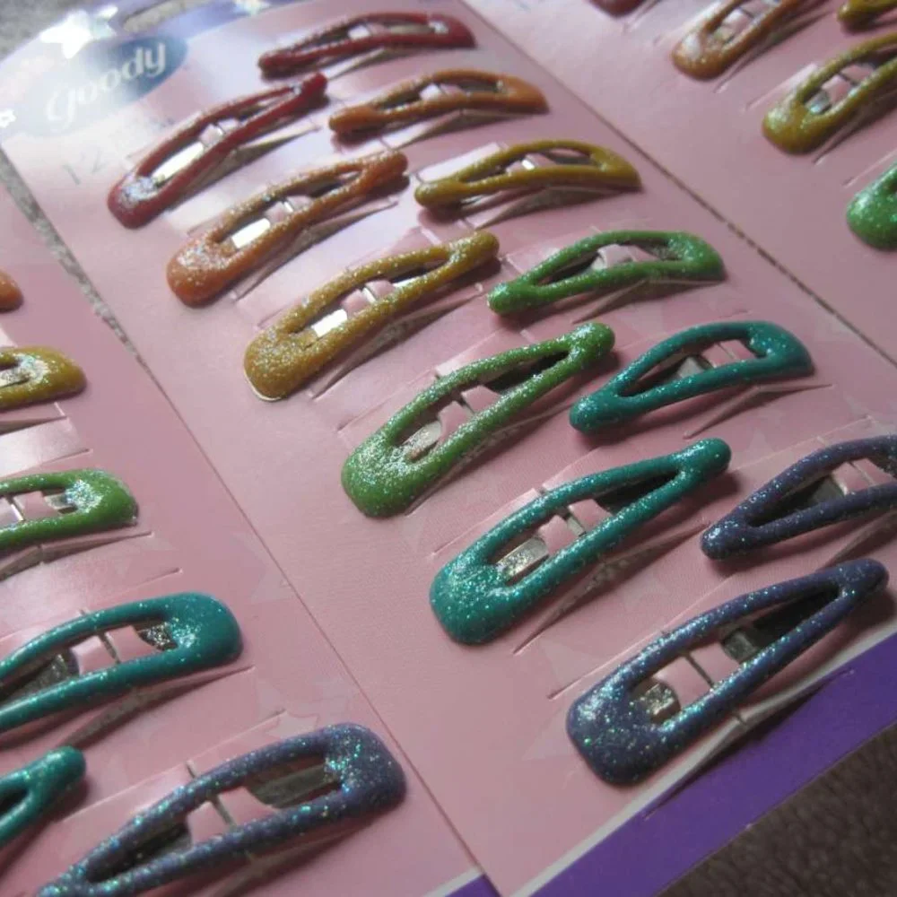 12 Goody Girls Colorful Glitter Coated Epoxy Covering Metal Hair Snap Clips 2004
